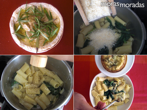como hacer rigatoni con camembert y espinacas