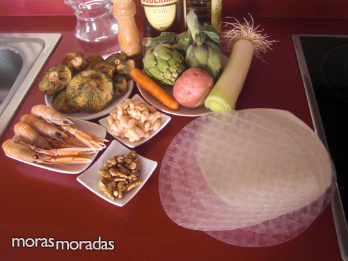 ingredientes para hacer canelones de niscalos con alcachofas y cigalas