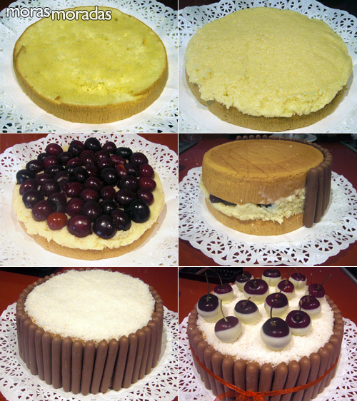 montaje y decoración de la tarta de coco y cerezas montaje y decoración de la tarta de coco y cerezas
