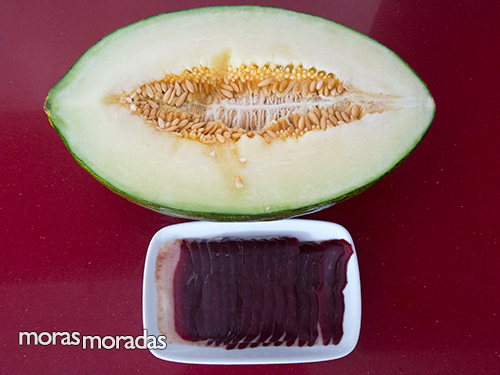 Ingredientes para hacer bolas de melón con jamón de pato